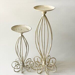 French Country Metal Candle Holders Cream Gold Distressed 10" 14" Tall Set of 2